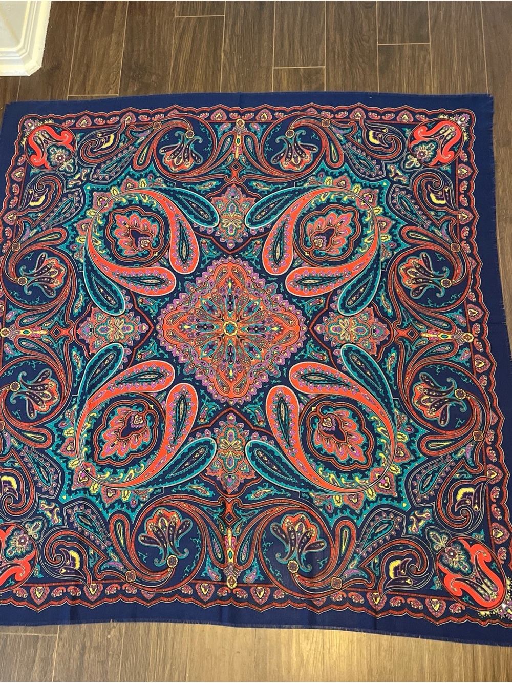 Large scarf wrap  with navy blue paisley pattern. Made in Italy.